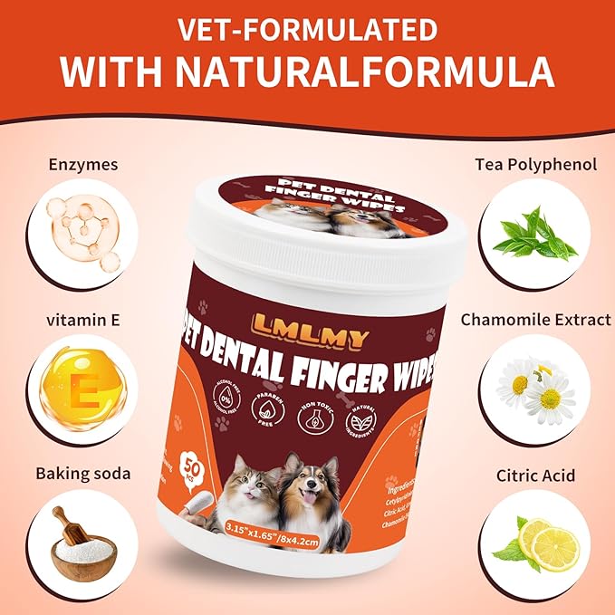 Dog Dental Wipes - Tooth Brushing Kit for Cats & Dogs - Dog Toothbrush Finger Dental Wipes to Remove Plaque & Tartar,Effective Teeth Cleaner (50PCS)