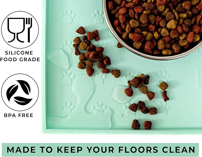 Humble Pet Food Mat Feeding Tray - Non-Slip, Anti-Spill, Raised Dog Food Bowl Mat, Easy Clean Waterproof - Premium Quality Silicone - Perfect for Dogs and Cats, 24"x16" (Cool Mint)