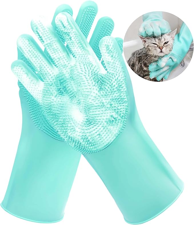Pet Grooming Gloves,Heat-Resistant Silicone Gloves with High-Density Teeth for Enhanced Massaging and Bathing of Dogs and Cats (Green, 1 Pair)