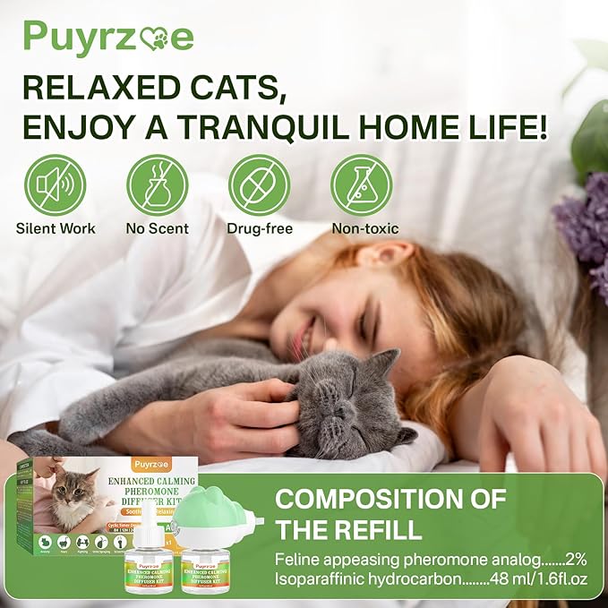 Cat Calming Diffuser with Timing Function, 3-in-1 Cat Pheromones Calming Diffuser Kit, 60-Day Anxiety Relief, Stress Relaxation Cat Pheromone Diffuser for All Cats (1 Diffuser + 2 Refills)