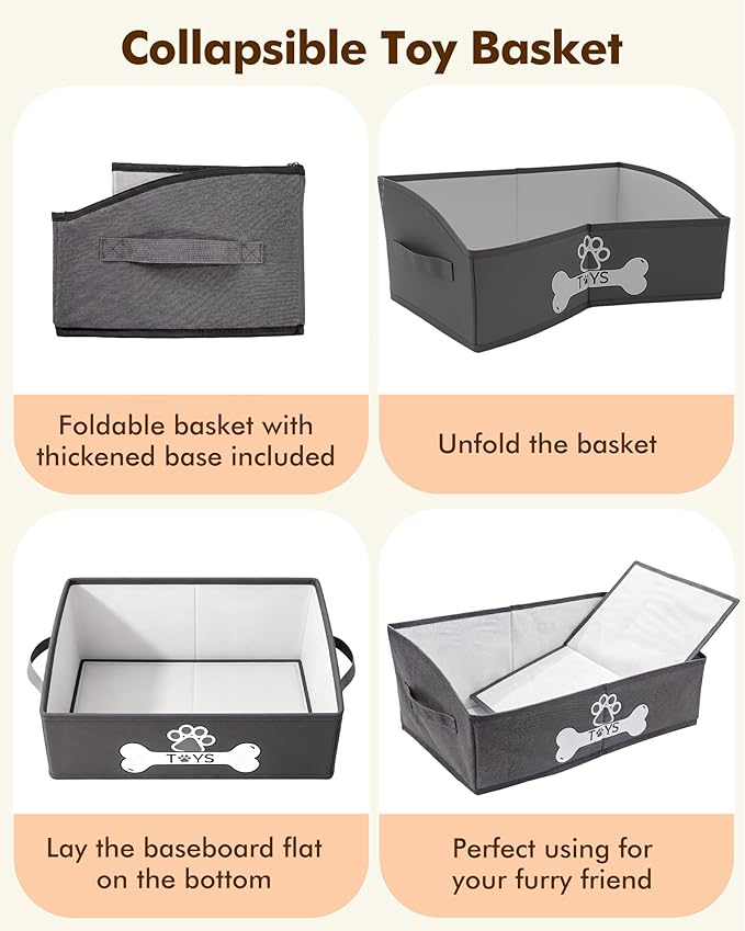 Optish Dog Toy Basket, Foldable Dog Toy Box with Handles, 19.7" X 11" X 7.9" Large Basket Specially Designed for Dog Toy Storage, Suit for Storing Pet Toys and Accessories, Grey