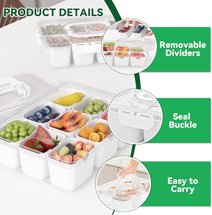 REBECAT Divided Serving Tray with Lid and Handles 8 Compartments Snack Box Container Charcuterie Organizer Snackle Box Container for Candy,Nuts,Fruits,Snacks,3 Pack,Pink