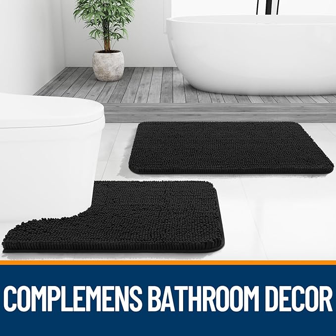 OLANLY Bathroom Rugs 47x17, Extra Soft Absorbent Chenille Bath Rugs, Rubber Backing Quick Dry, Machine Washable Bath Mats for Bathroom Floor, Tub and Shower, Home Decor Accessories, Black
