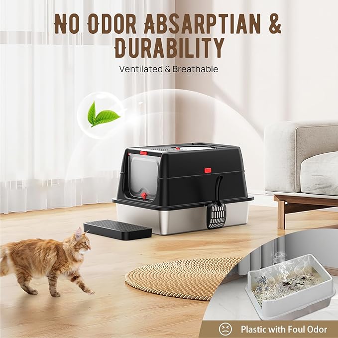Stainless Steel Cat Litter Box with Lid, 180° Flip Top Kitty Litterbox, XL High Sided Enclosure Litter Pan for Big Cats, Front & Top Entry, Anti-Leakage, Odor-Free, Includes Scoop Mat, Black