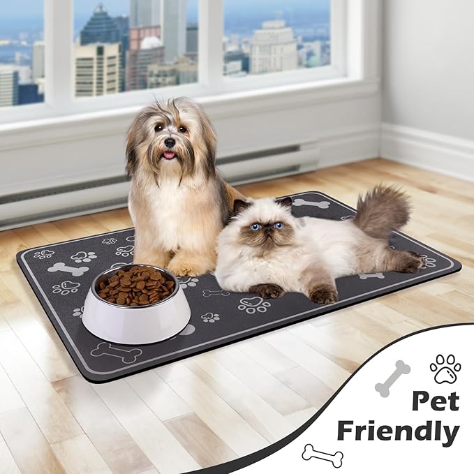 Pet Feeding Mat,Rapid Absorbent Mats for Dog Cat Food, Dog Placemat Water Bowl Mat with Rubber Backing,Messy Drinkers to Protect Floors, Pet Accessories 17"×29" Dark Grey