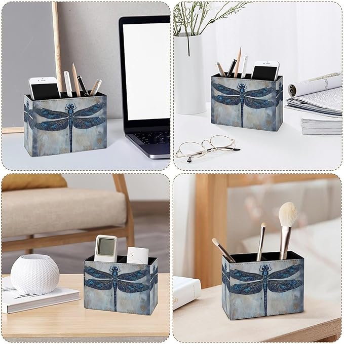 Famame Blue Ethnic Dragonfly Pencil Holder for Desk, Leather Desktop Container Pen Cup Storage Study Table Pen Organizer Makeup Brush Holder for Classroom Office Home