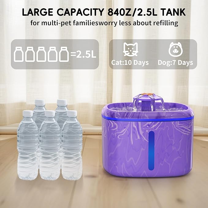 84oz/2.5L Automatic Cat Water Fountain, Quiet Circulating Pet Water Dispenser with 2 Replacement Filters & Triple Filtration System - for Cats, Dogs, Multiple Pets, Indoor Use (Camouflage Purple)