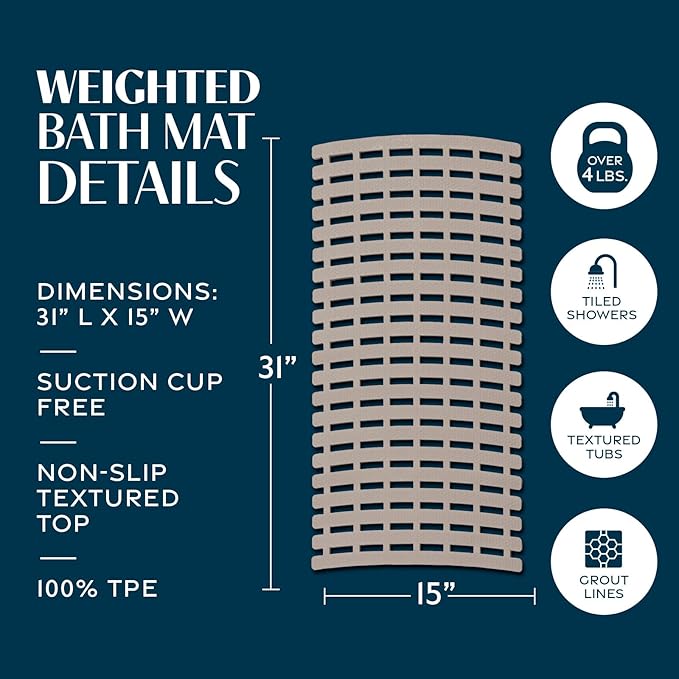 SlipX Solutions Weighted Non Slip Bath Mat for Textured Tub & Shower Surfaces, Patent Pending, Anti Slip Bathtub Safety Without Suction Cups, Doesn’t Float, Works on Tile & Stone 31” x 15”, Tan