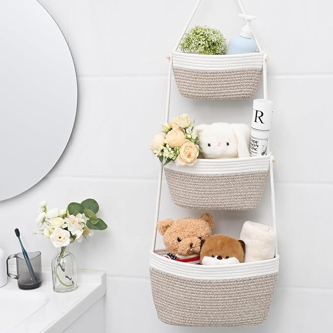 Hanging Storage Baskets, Over The Door Basket, Cotton Wall Baskets Storage, Hanging Door Basket with 4 Hooks