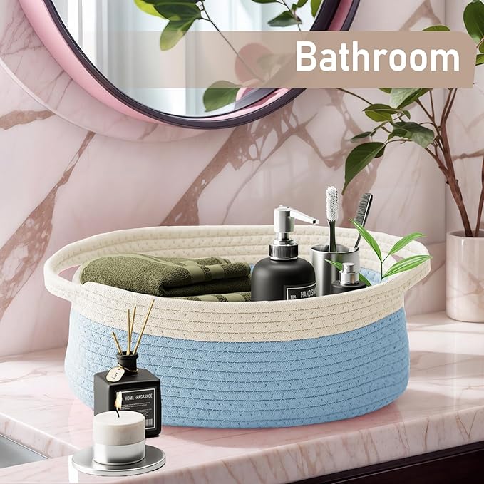 JMvicyroam Woven Basket,Small Rope Storage Bin with Handles & Ribbon Bag, Organizer for Shelves Closets,Gift Basket Empty for Birthday,Books,Dog Toys, White&Blue