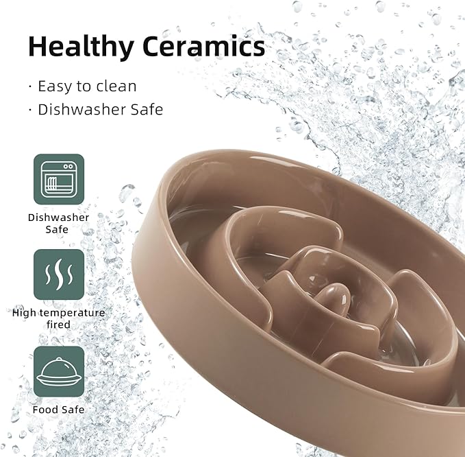 Ceramic 1.2 Cup Raised Slow Feeder Dog Bowl Set, Elevated Wooden Stand for Medium and Small Dog, 7.3inch Puzzle Slow Dish, Preventing Choking(Brown Coffee, Single Bowl+ Stand)