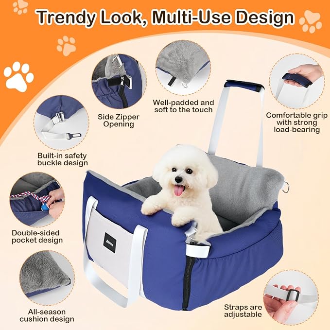 Dog Car Seat for Small Dogs with Extension Zone, Portable Washable Travel Bed for Pets up to 30 lbs, Booster Seat for Front Seat & Camping, Includes Harness Clip – Blue