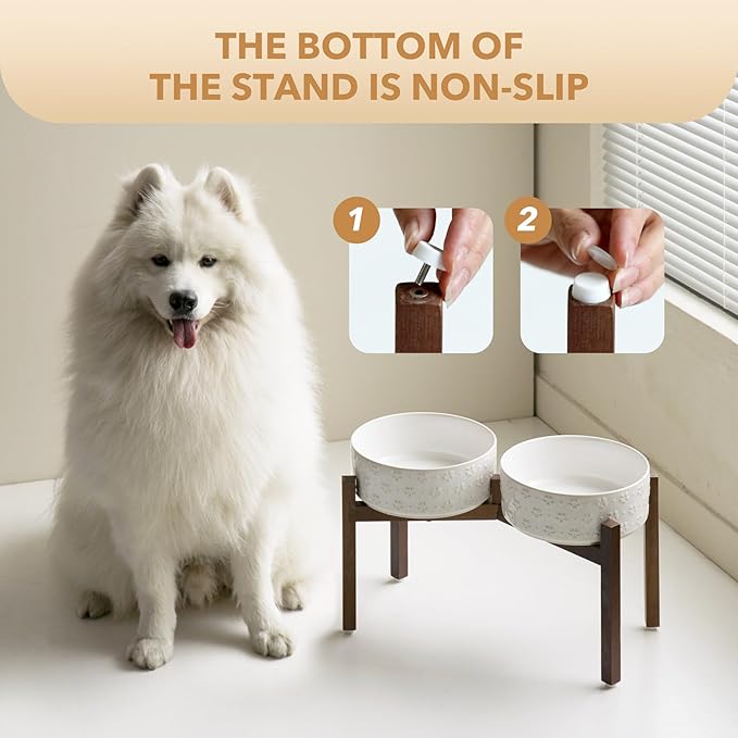 Ceramic 8.2inch Raised Double-Bowl Set with Acacia Wooden Stand, Food & Water Bowls for Large Breed Dogs, Weighted Dog Dishes, Pet Bowl (60 oz)