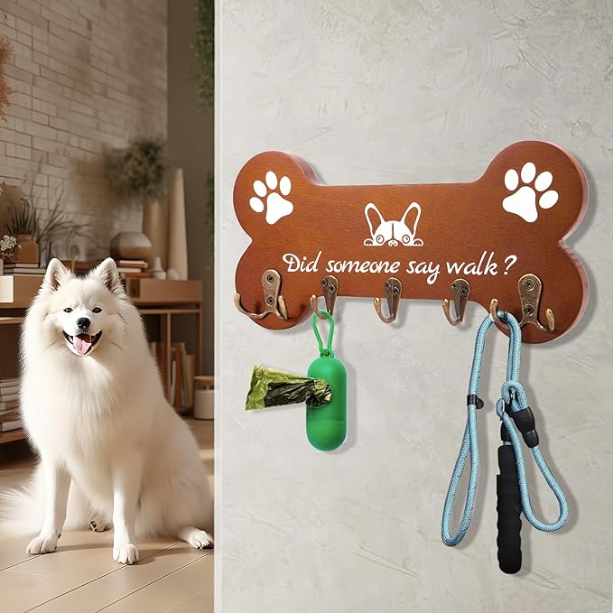 Bone Shape Dog Leash Hangers for Wall - Coat Rack with 5 Key Hooks, Perfect for Dog Lovers, Ideal for Entryway, Door and Bedroom Decor. 11.8'' x 5.9''(Brown)