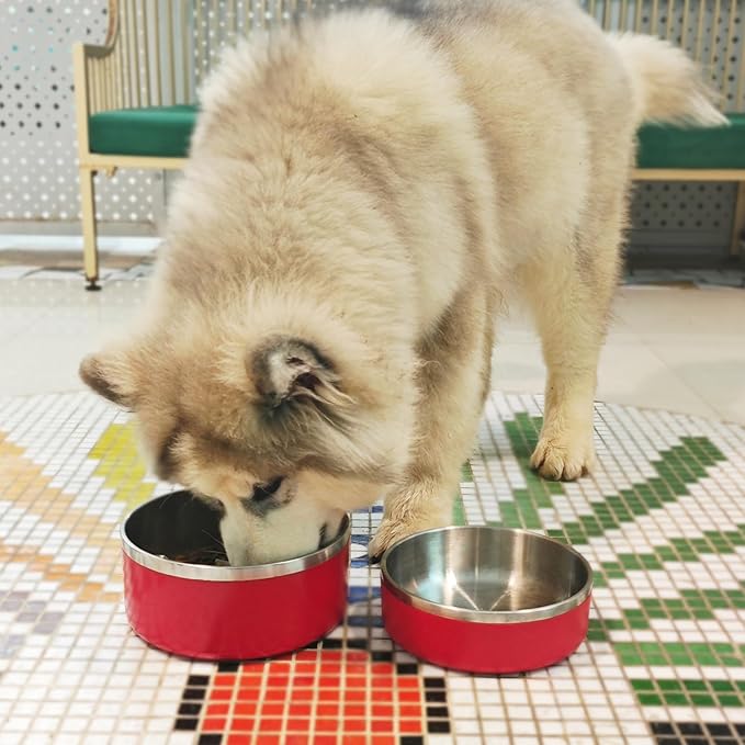 LIANLAI Stainless Steel Dog Bowls, Rust-Resistant Pet Bowls, Non Slip Dog Water Bowl, Versatile Feeding Bowls (Red,64 oz)