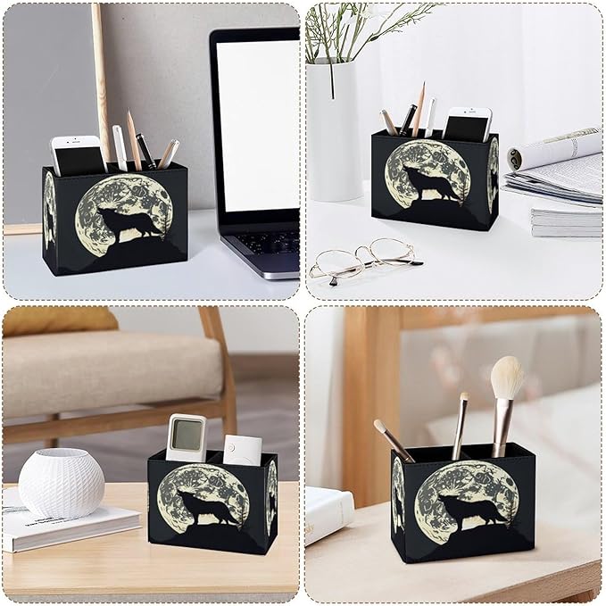 Famame Howl Black Wolf Moon Pencil Holder for Desk, Leather Desktop Container Pen Cup Storage Study Table Pen Organizer Makeup Brush Holder for Classroom Office Home