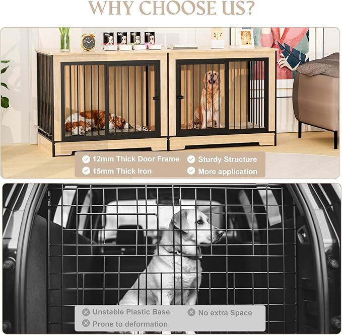 75 Inch Extra Large Double Dog Crate Furniture with Divider, XXL Upgraded Thick Wooden Dog Crate TV Stand