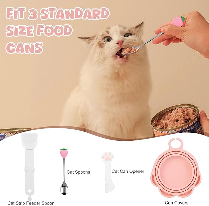 Yummy Sam 5 Pcs Pet Food Can Lids & Spoons Set, Including Wet Food Storage Can Covers for Multiple Sizes Pet Food Cans, Cat Can Opener, Cat Strip Feeder Spoon and Cat Spoons for Wet Food (Pink)