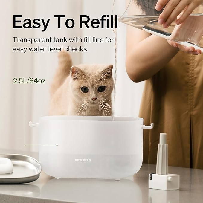 PETLIBRO Corded Cat Water Fountain, Cat Fountain Indoor Stainless Steel Tray, 2.5L/84oz Wireless Pump Pet Water Fountain, Cat Water Dispenser with Two Flow Modes, Pet Fountain for Drinking Easy Clean