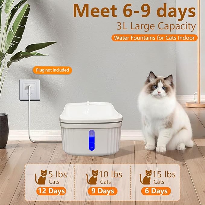 Cat Water Fountain, 101oz/3L Automatic Pet Water Fountain Dog Water Dispenser with LED Light and Water Level Window (Plug not Included)- for Cats, Dogs, Multiple Pets