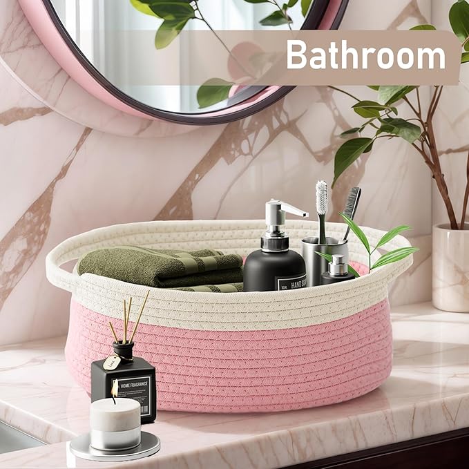 JMvicyroam Woven Basket,Small Rope Storage Bin with Handles & Ribbon Bag, Organizer for Shelves Closets,Gift Basket Empty for Birthday,Books,Dog Toys, White&Pink