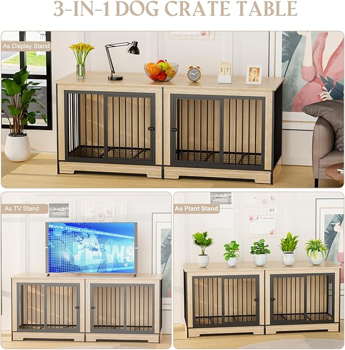 75 Inch Extra Large Double Dog Crate Furniture with Divider, XXL Upgraded Thick Wooden Dog Crate TV Stand