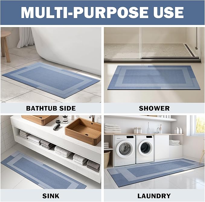 Non Slip Long Bathroom Runner Rug Bath Mat, Rubber Backing Ultra Thin Bathroom Rugs Fit Under Door Quick Dry Super Absorbent Washable Shower Mat for Bathtub Sink Floor, Blue 17"x59"