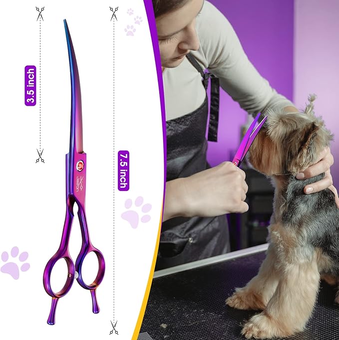 JASON 7.5" Dog Grooming Scissor - Professional Down-curved Shear with Ergonomic Handle Japanese Stainless Steel Trimming Scissor for Dogs, Cats and Other Pets, Sharp (Curved, Purple)