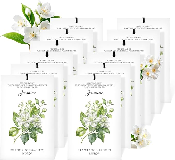 MYARO 12 Packs Jasmine Scented Sachets for Drawer and Closet, Long-Lasting Air Freshener Sachet Bag Drawer Car Bathroom Deodorizers Fresh Scent Home Fragrance