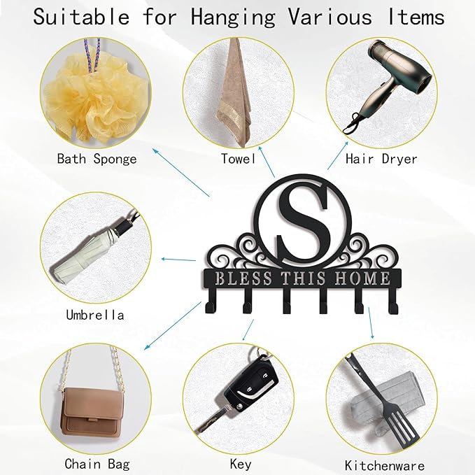 Metal Letter S Key Holder for Wall, Decorative Metal Key Holder Wall Mount, Key Hooks Coat Rack Monogram Wall Decor, Perfect for Bathroom, Living Room, Kitchen, Anniversary Housewarming Gift