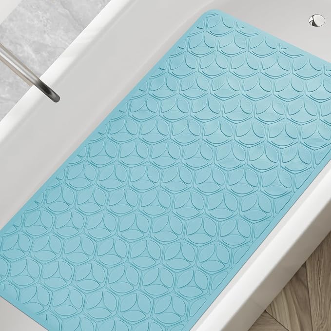 WRISIN Bathtub Mat Non Slip with Suction Cups - 100% Rubber Bathroom Mat Textured for Bath Tub Shower Safety - Soft on Touch - BPA/PVC Free - Pet Dog Bath Mat - Machine Washable - 17 × 35 Inch(Blue)