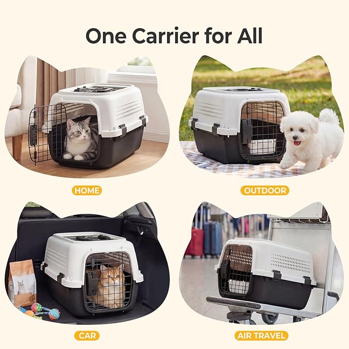NEWBULIG 23" Hard-Sided Dog Carrier, Plastic Cat & Dog Crate, 4-Sided Ventilation Travel Pet Kennel, Top & Front Door Access, Integrated Food Bowl, for Small Pets up to 22 lbs, White & Black