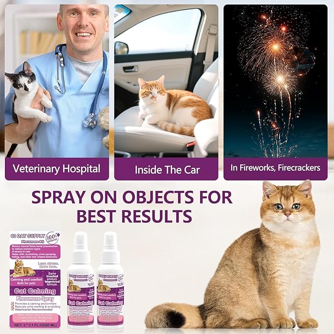 Cat Calming Pheromone Spray, Feline Calm Pheromones Spray- Anti Anxiety Pet Products, Cats Reduces Scratching Furniture Peeing Marking Calming Cat for Travel, Vet Visits - 60 Day Kit (2 * 60 mL)