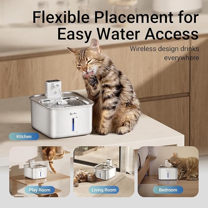 DownyPaws Cat Water Fountain Stainless Steel Cordless, 101 oz/3L FurSink Wireless Cat Water Dispenser for Pets, Battery Operated Pet Drinking Fountain with Motion Sensor, Easy Clean, White