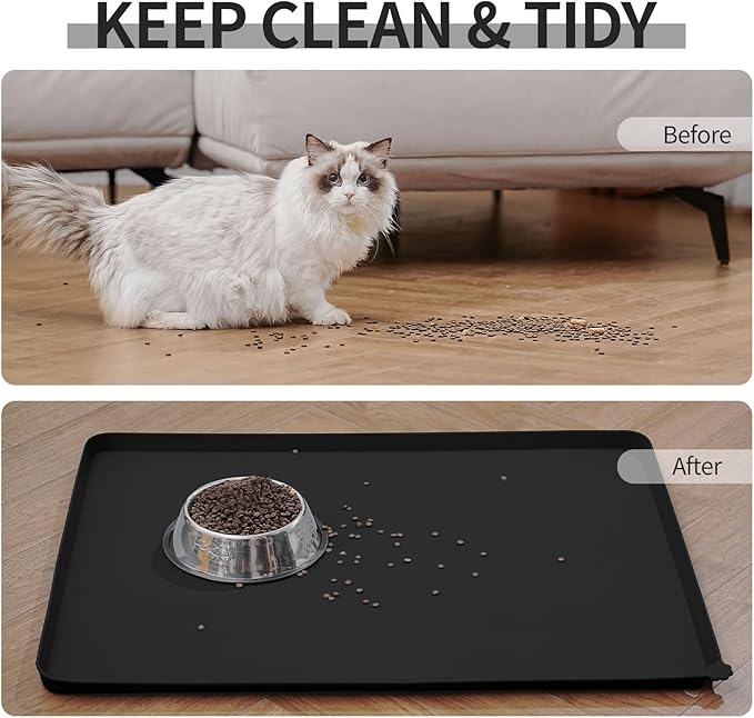 Reopet Waterproof Pet Feeding Mat with High Raised Edges, Heavier and Thicker Placemats for Cat Dog Water Bowl with BPA Free, Dogs Cats Food Mats for Messy Drinkers to Prevent Spill and Protect Floors