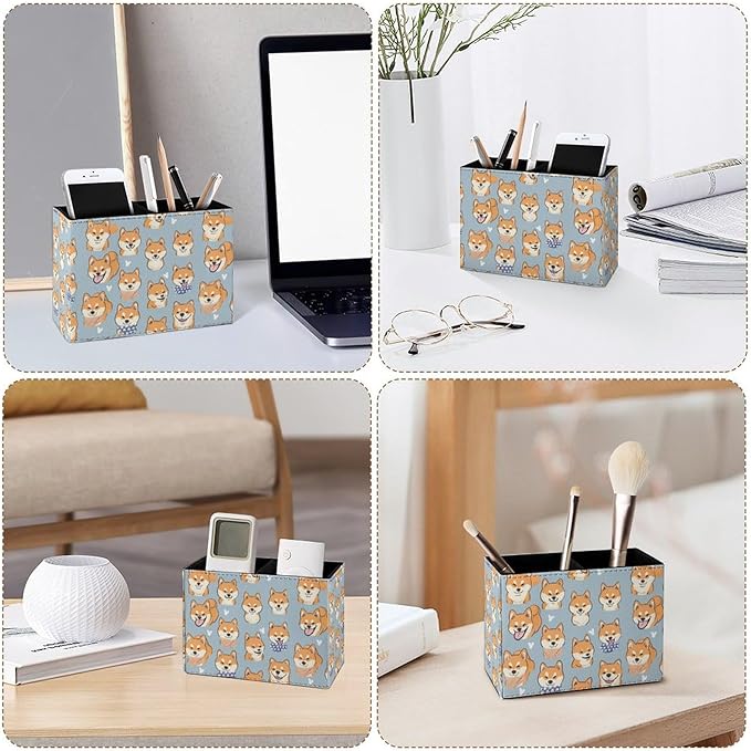 Famame Shiba Inu Puppies Dog Cute Pencil Holder for Desk, Leather Desktop Container Pen Cup Storage Study Table Pen Organizer Makeup Brush Holder for Classroom Office Home