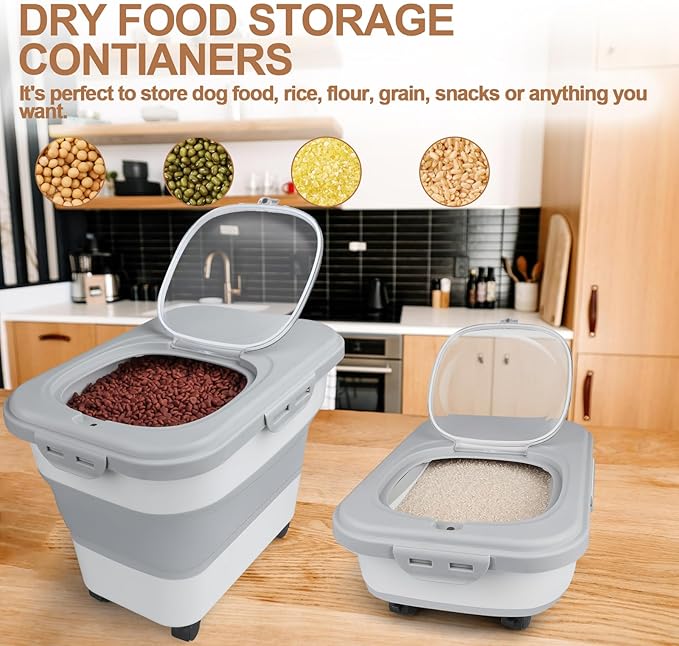 TIOVERY Dog Food Storage Container, 10-20lbs Collapsible Dog Cat Food Containers with Airtight Clear Flip-top,Rolling Wheel and Pet Food Scoop, Pet Food Storage Container Bin for Dog Cat Bird Pets