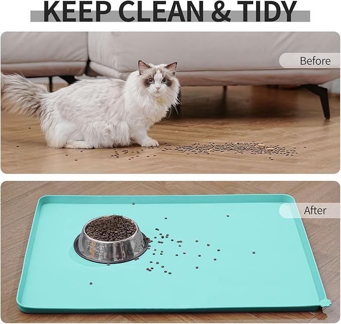 Reopet Waterproof Pet Feeding Mat with High Raised Edges, Heavier and Thicker Placemats for Cat Dog Water Bowl with BPA Free, Dogs Cats Food Mats for Messy Drinkers to Prevent Spill and Protect Floors