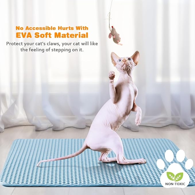 blissstorm Waterproof Cat Litter Mat, Double Layer EVA, Odor-Free Large Grid, Urine Proof, Easy Cleanup 22 x 30, Blue