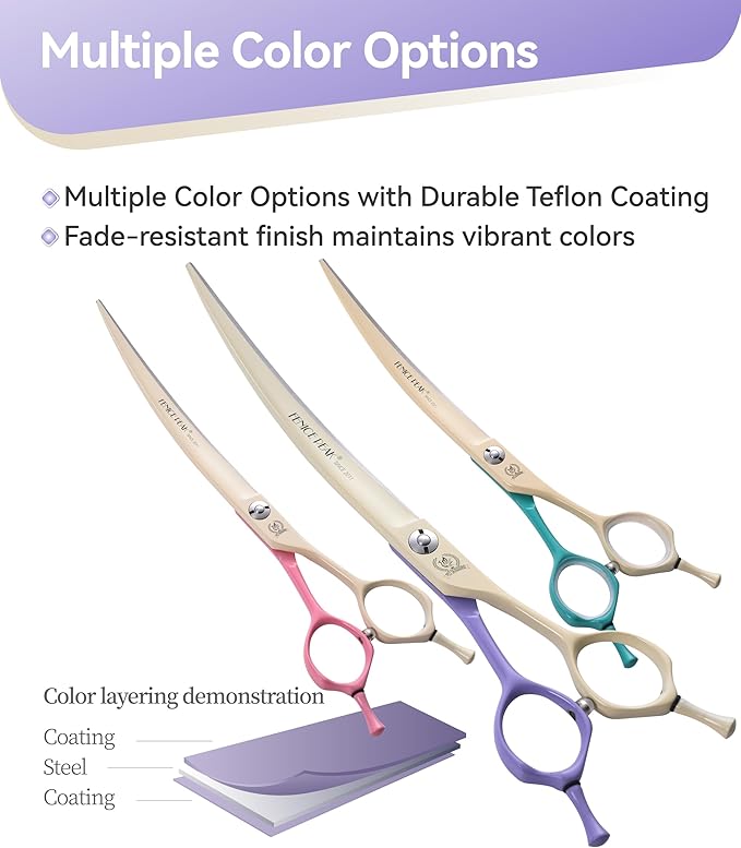Fenice Peak Curved Dog Grooming Scissors with Coating 440C Stainless Steel, 7 inch Professional Curved Shears Dog Grooming,25 Degree of Curved Blade,Pet Shear for Trimming Face and Paw, Violet & White