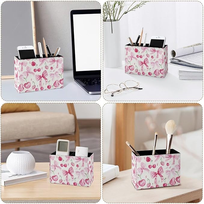 Famame Cute Bows Pink Cherry Pencil Holder for Desk, Leather Desktop Container Pen Cup Storage Study Table Pen Organizer Makeup Brush Holder for Classroom Office Home