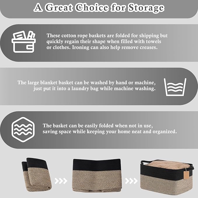 Goodpick Woven Storage Baskets for Organizing 22”x17”x12” Large Blanket Basket for Living Room Bedroom, Rectangle Wicker Storage Basket with Handles, Toy Baskets for Baby Boys, Black & Jute