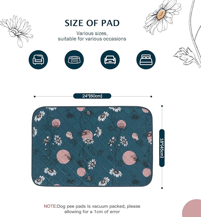 IEUUMLER Washable Pee Pads for Dogs, 2 Pack Non-Slip & Waterproof Pack Whelping Pad, Reusable Washable Puppy Potty Training Pad with Fast Absorbent for Playpen EU007 (Navy Blue Daisy, 24"X18"-2pcs)