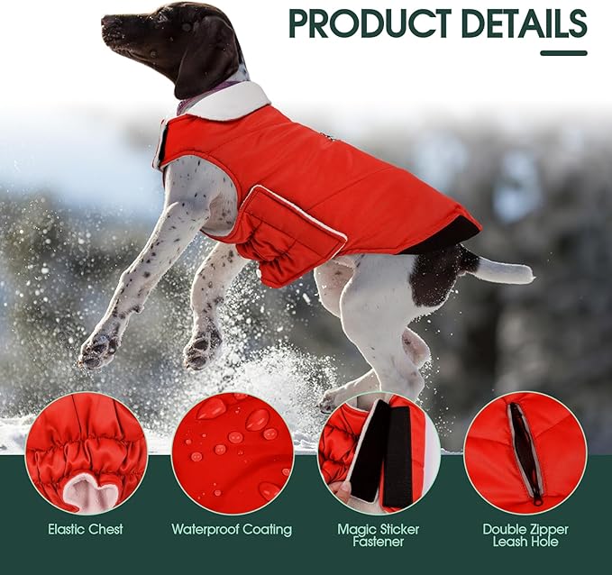 Kuoser Dog Winter Coat Cold Weather Reflective Waterproof Dogs Jacket, Warm Fleece Lined Turtleneck Doggy Vest with Zipper, Dog Snow Jacket Pet Apparel for Small Medium Large Dogs, Red 2XL