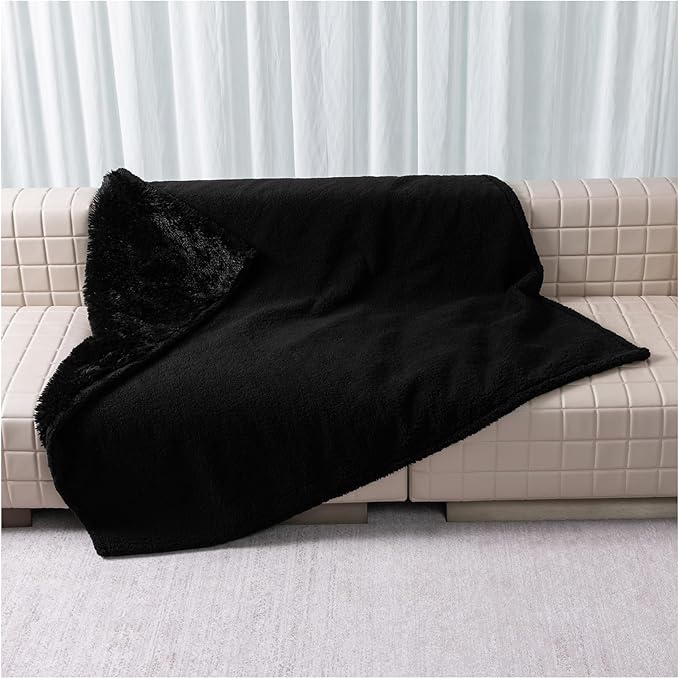 Wowchine Calming Fleece Cat Blankets Black Waterproof Pets Blanket for Dogs Reversible Long Faux Fur Puppy Throw Blankets(Black,L)