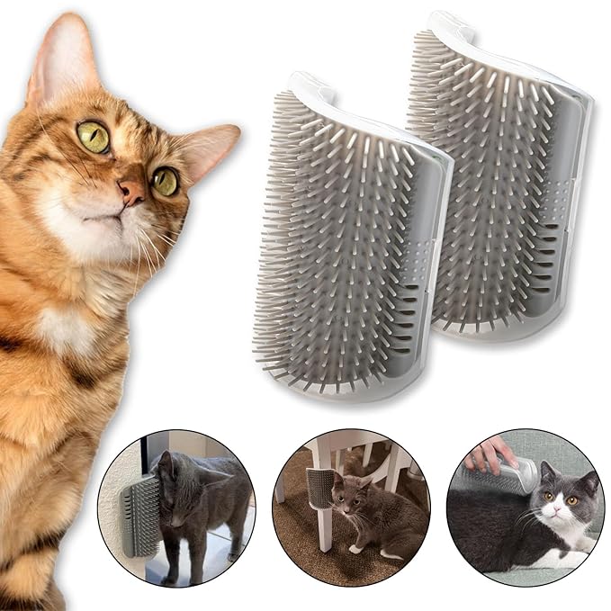 Cat Self Groomer โ Wall Corner Grooming Brushes for Cats and Small Pets โ Soft Silicone Massage Brush for Shedding Control and Face Rubbing (Grey)