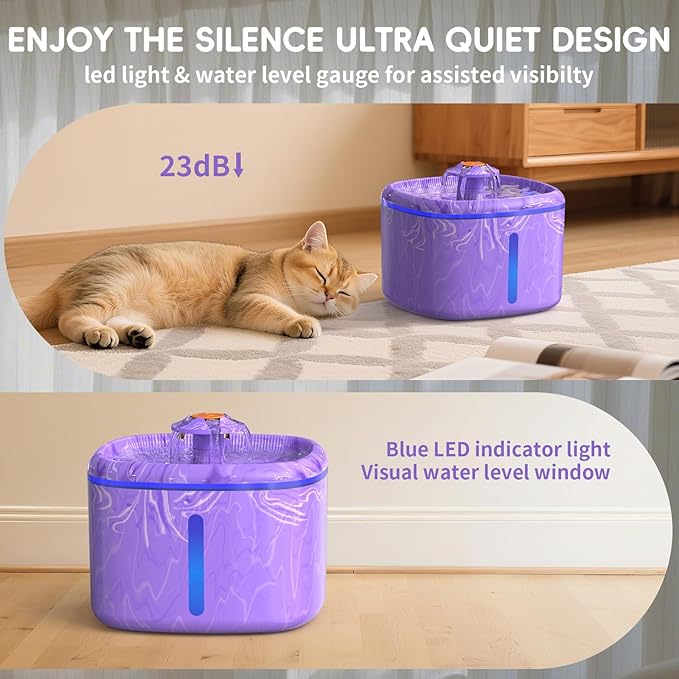 84oz/2.5L Automatic Cat Water Fountain, Quiet Circulating Pet Water Dispenser with 2 Replacement Filters & Triple Filtration System - for Cats, Dogs, Multiple Pets, Indoor Use (Camouflage Purple)