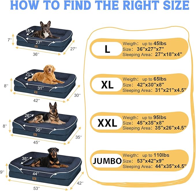 Orthopedic Washable Large Dog Bed - Egg Foam Dog Beds for Large and Medium Dogs Big Pet Beds with Removable Washable Cover and Bolster for Extra Large Dogs