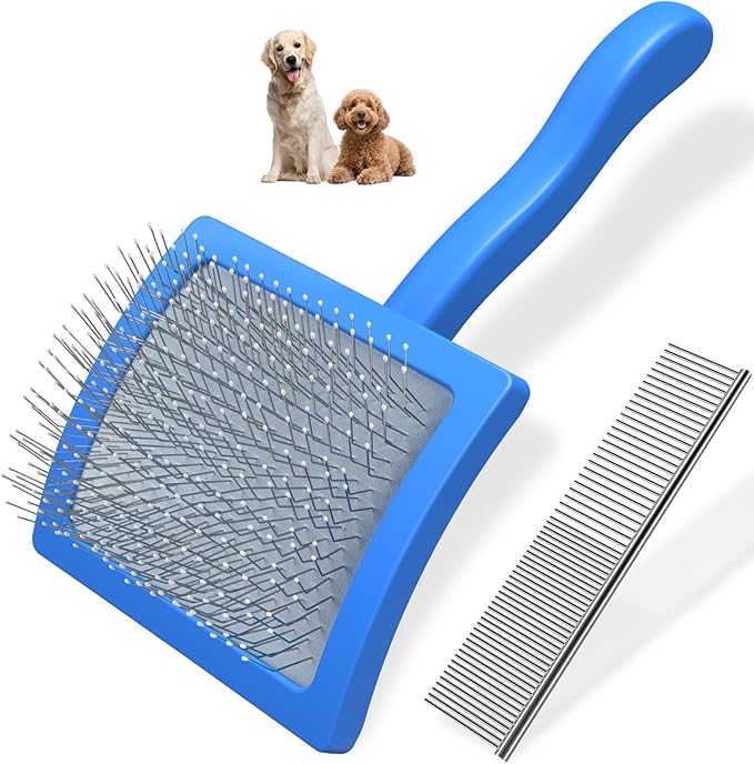 2PCS Slicker Brush for Dogs & Pet Comb,Professional Dog Grooming Brush (Goldendoodles,Poodles,Labradoodles) with Extra Long Pins to Effectively Remove Tangles, Knots and Mats (Blue, Gentle Large)