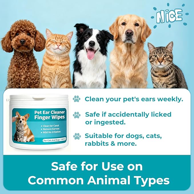 Falatong Pet Ear Cleaner Finger Wipes for Dogs, Cats, Gentle Alcohol-Free Formula, Removes Wax, Debris, 50 Count, Vet Approved, 4x8cm